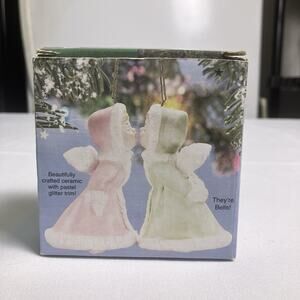 VTG Kissing Angels Ceramic Glitter Bells Ornaments Set Of 2 Pink & Green